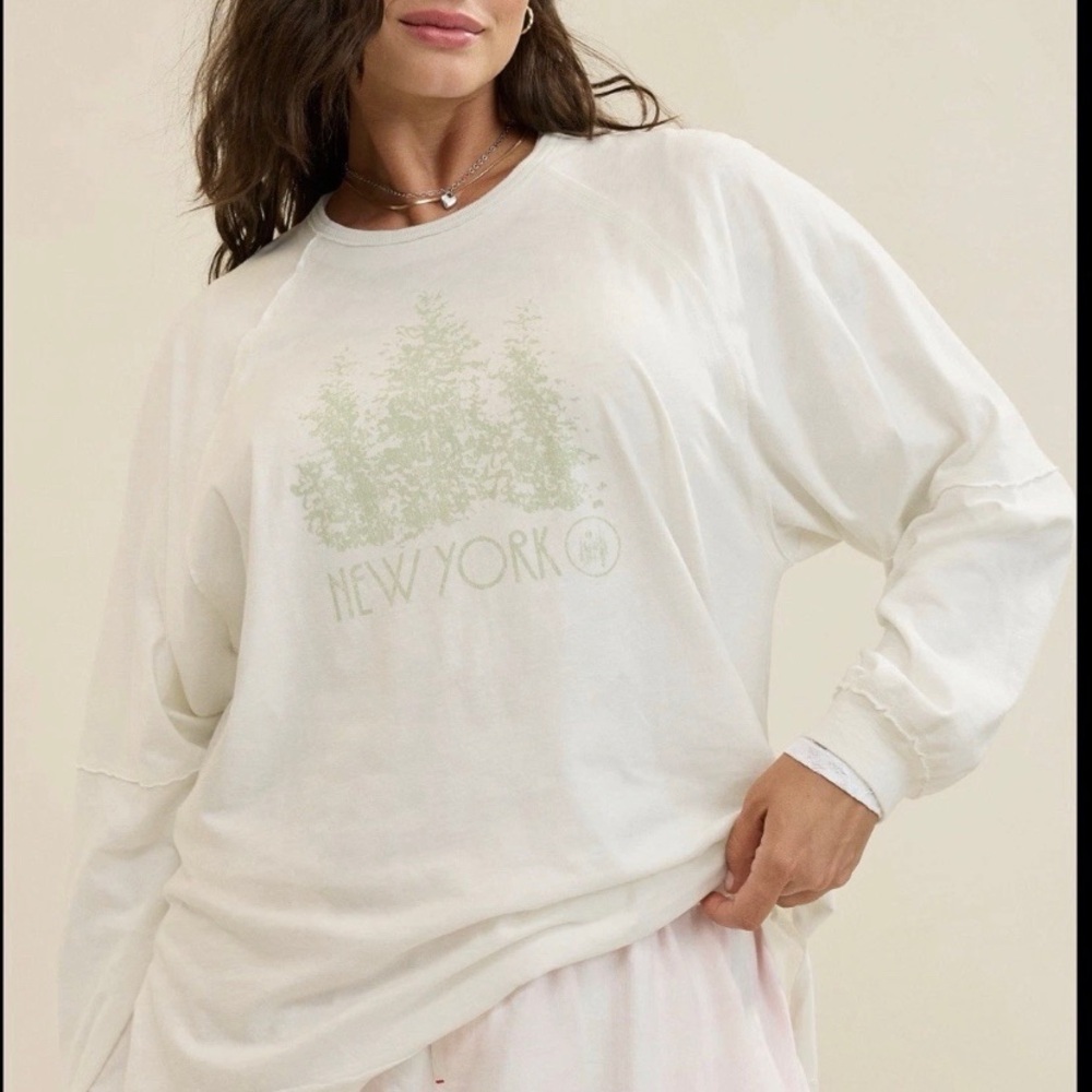 aerie White Long-Sleeve Graphic Tee with Pale Green Print